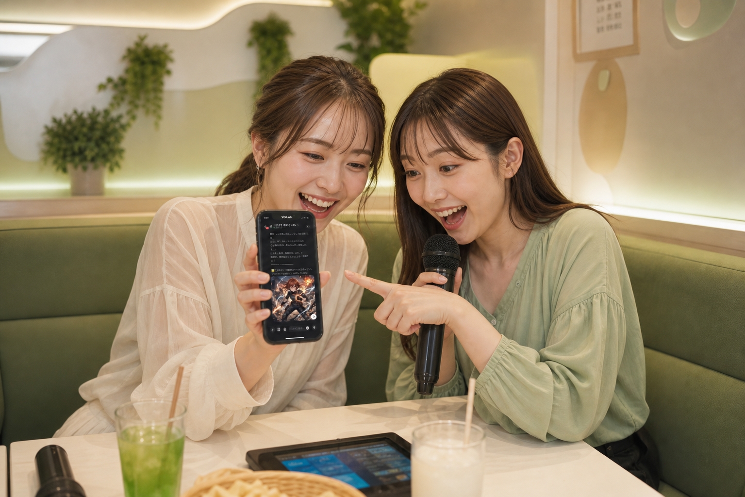 カフェで仲間とぼいラボの画面を見て笑う声優志望の2人